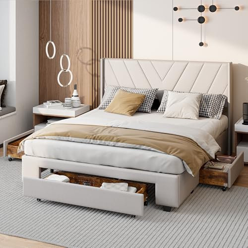 JiaOyu Doppelbett 160x200 cm, Polsterbett mit LED-Beleuchtung & 3 Schubladen, Bett mit Lattenrost und Metallrahmen, Jugendbett Stauraumbett für kleinen Raum, Beige(Wäsche+3 Schubladen, 160X200CM)