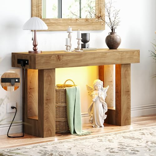 Unikito 47 Entryway Table with Socket and Sensor Light, Narrow Console Table with Storage Behind Couch, Farmhouse Entry Way Tables with Open Storage for Entrance/Hallway/Living Room, Natural Oak