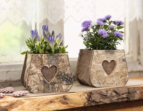 Dekoleidenschaft 2X Pflanztasche Herz aus Birke & Stoff, Pflanzgefäße, Blumentopf aus Holz, Pflanztopf Set