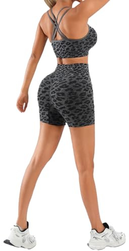 fdsmall Nahtlose Gym Sets für Frauen Leopard Druck 2 Stück Strappy Crisscross Sport BHs Versteckte Scrunch Shorts Yoga Outfits Activewear Trainingsanzug
