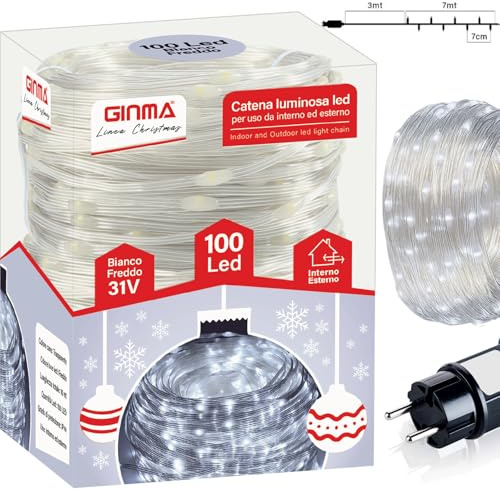 GINMA - Luci Natale LED Interno e Esterno con 8 Effetti Luce, Certificate IP44, Basso Consumo e Impermeabili - Cavo Trasparente (Bianco Freddo, 7 Metri (100 LED))