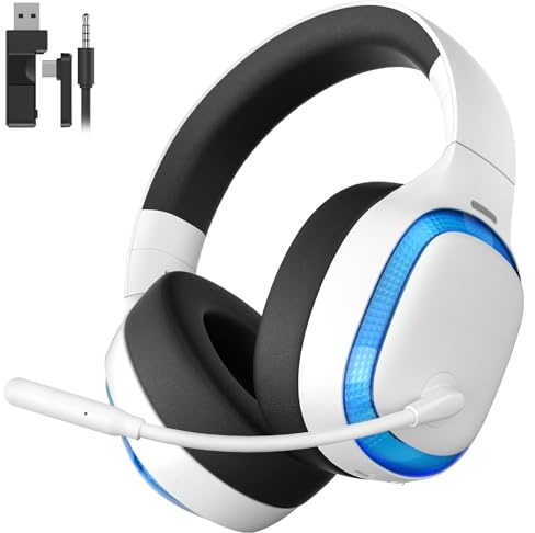 KAPEYDESI Gaming Headset, 2.4Ghz Wireless Gaming Headset for PS5, PS4, PC, Mac, Bluetooth 5.4 Gaming Headphones with Noise Canceling Mic, 70H Battery, Surround Sound, Lay-Flat & Foldable - White