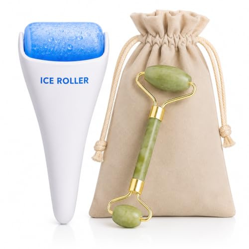 Rodillo Facial de Hielo + Jade Roller | Ice Roller Facial para Cara y Ojos | Reduce Hinchazón, Bolsas y Ojeras | Masajeador Facial Frío para Drenaje Linfático y Reafirmar la Piel