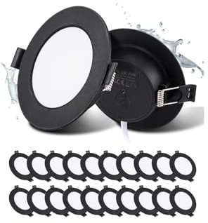 20 Pack LED infällda spotlights 230V Svarta 5W 6000K 450LM Hål: Ø75–90mm | Grebeam LED-spotlights för badrum, LED Downlight Platt ultratunn 25mm, kallvitt LED Spots taklampor för kök och sovrum