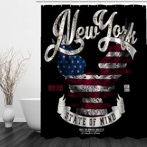 New York Rideau de Douche 180x200 cm Anti Moisissure 3D Drapeau Vintage Abstrait Rideaux de Baignoire Tissu Lavable Imperméable Polyester pour Rideau Douche Salle avec 12 Crochets a.135