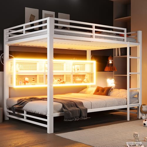 Xwiny Kinderbett Hochbett 140x200 cm mit LED-Licht, Etagenbett mit Stauraumschränken, Rausfallschutz, Metal, Weiß (Ohne Matratze)