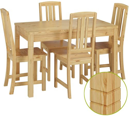 Erst-Holz Vollholz-Essgruppe mit Tisch und 4 Stühle Kiefer Massivholz Natur 90.70-51 B-Set 22