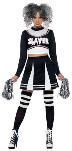 Smiffys Fever Gothic Cheerleader-Kostüm, Schwarz, mit bauchfreiem Hemd, Rock & Pompons