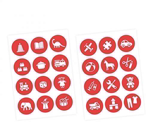 nikima Schönes für Kinder Möbelaufkleber Ordnungssticker für Spielzeug Weiss/ROT - Möbelfolie Kinderzimmer, Ordnung Lernen, Aufbewahrung, Ordnungssystem