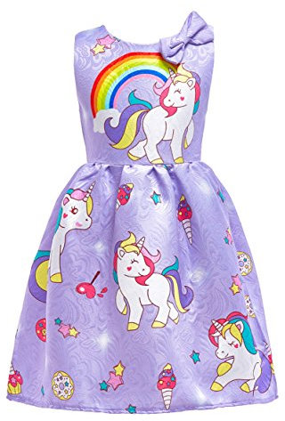 Lito Angels Abito estivo unicorno per bambina, Vestito casual da festa di compleanno e Halloween, Taglia 5-6 Anni, Viola D