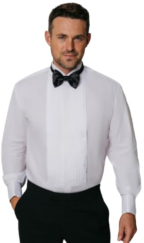 Dobell Mens White Tuxedo Dress Shirt Regular Fit Wing Collar Double Cuff Pleated Fly Front