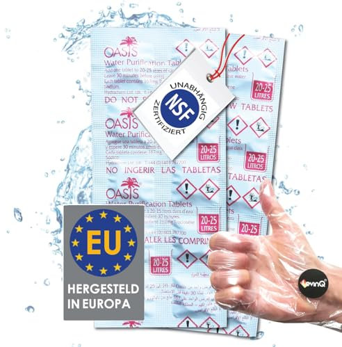 LevinQ Wasserreinigungstabletten [20Stk] *NSFgeprüft* 100%keimfreies Trinkwasser 25Ltr/Tablette +Handschuhe PE | Wasserentkeimungstabletten fur Krisenvorsorge Outdoor, Notfall, Camping, Reiseapotheke