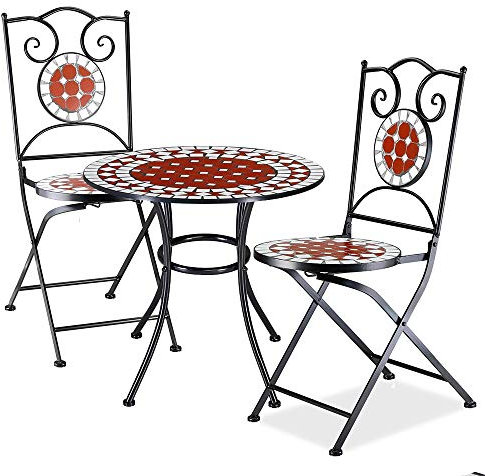 BAKAJI Set Tavolo 60 x 70 cm + 2 Sedie Pieghevoli con Decorazione Mosaico, Tavolino Resistente Salvaspazio per Arredo Esterno, Giardino, Terrazzo, Struttura in Metallo Colore Nero (Design 1)