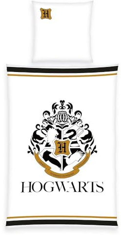 Harry Potter Bettwäsche weiß in 135x200 80x80 cm · Kinderbettwäsche aus 100% Baumwolle mit Reißverschluss · Bettwäsche mit Hogwarts Wappen und gemusterter Wendeseite