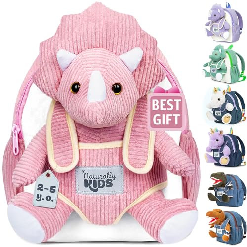 Naturally KIDS Triceratops Rucksack Kinder m Spielzeug ab 2 Jahre, Rucksack Kindergarten Mädchen, Geschenk Mädchen 3 Jahre, Rosa Dino Spielzeug