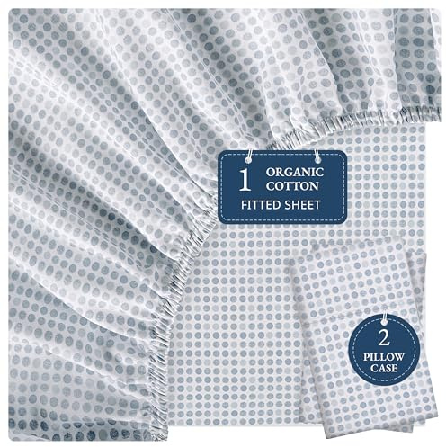 LANE LINEN King Size Fitted Sheet – 100% Organic Cotton with 2 Pillowcases, Deep 35cm Pocket, All-Around Elastic, Breathable Bottom Sheet - Polka Dot Blue