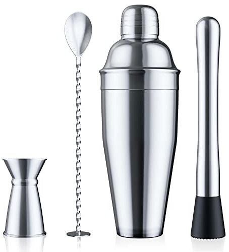 Blue River Water 24oz Cocktail Shaker Set - Martini Shaker with Built-in Strainer, Muddler, Jigger, Mixing Spoon, Recipe Book