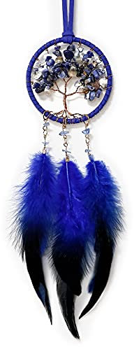 Weldomcor Auto Hängender Traumfänger Baum des Lebens Handgefertigte Federn Boho Traumfänger Auto Rückspiegel Hängendes Wandbehang Ornamente für Baby Shower Hochzeit Decor (Blau)