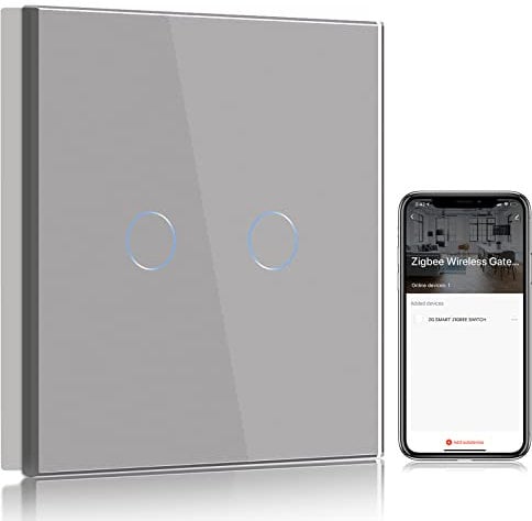 BSEED ZigBee Light Switch,2 Gang 1 Way Smart Wall Switch Compatible with Alexa and Google Home,Compatible with Smart Life App,WIFI touch switch Grey-NO Neutral Wire Required(need Zigbee gateway hub)