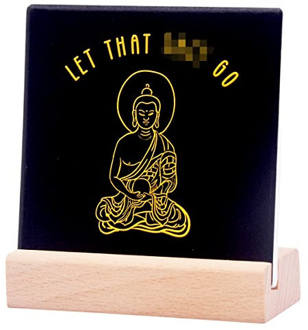 Inspirierende Zitate Schreibtisch Dekor Geschenke für Frauen Freunde Yoga Liebhaber Let That Go The Buddha Yoga Kunst Motivationsschild Keramikschild mit Holzständer zum Aufräumen von Geschenken