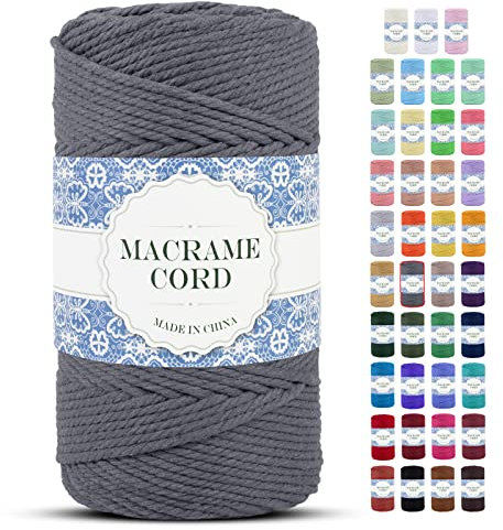Uiopa Makramee Garn 4mm x 200m Natürliche Baumwollkordel Baumwollseil Baumwollgarn Baumwollschnur, Macrame Cord 4mm für DIY Basteln Stricken Wandbehang Pflanze Aufhänger Boho Deko (Grau)