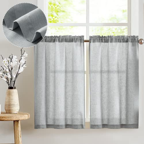 Vangao Leinenoptik Scheibengardinen Modern Küche Grau Bistrogardine 2er Set 65Bx60Hcm Küchengardinen mit Stangendurchzug Wohnwagen Landhausstil Bauernhaus Gardinen Kurz Vorhang Halbtransparente