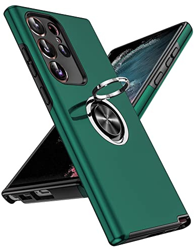 LeYi for Samsung Galaxy S23 Ultra Phone Case, Shockproof Protective Cover | Invisible Metal Ring Stand Holder Tough Shockproof Protective Phone Cover for S23Ultra - Green
