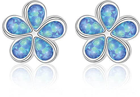 Silver Stud Earrings for Women Girls, Hypoallergenic 925 Sterling Silver Flower Earrings | Fashion Simulated Blue Opal Earring for Ladies Mum Daughter Birthday Mothers Day Jewellery Gifts