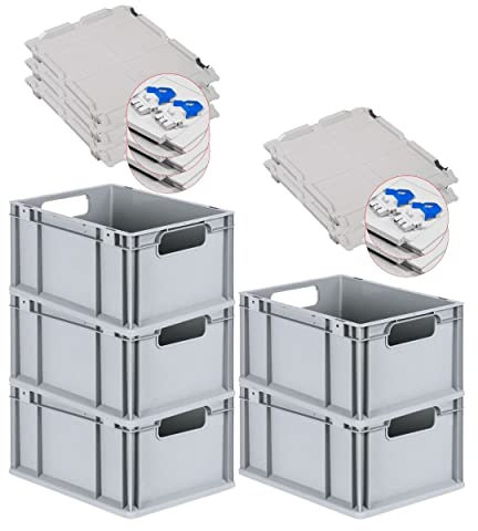 PROREGAL SuperSparSet 5x Eurobox NextGen Economy mit Scharnierdeckel & blauen Verschlüssen | Griffe offen | HxBxT 22x30x40cm | 20 Liter | Eurobehälter Transportbox Transportbehälter Stapelbehälter
