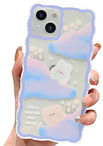 HZLFCZL Compatible iPhone 15 Plus Case - Cute Clear Cartoon Cloud Bear Rabbit Pattern Design Women Girls Aesthetic Kawaii Slim Soft TPU Transparent Phone Case - Blue