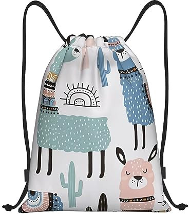 OrcoW Tropischer Kaktus Tier Lama Gedruckt Kordelzug Tasche Wasserdicht Kordelzug Rucksack Sport Gym Sackpack String Bag Für Männer Frauen, Schwarz , S