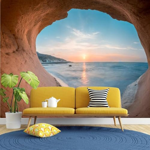 Fototapete Tropische Küstenhöhle zum Abziehen und Aufkleben, 3D-Muster, felsiger Sandstrand, selbstklebendes PVC-Poster, Heimwanddekoration für Schlafzimmer, Wohnzimmer, Küche, 300 x 210 cm (B x H)