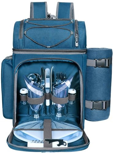 Hap Tim Zaino da picnic per 2 persone con borsa termica a prova di perdite, porta vino, coperta in pile, set di posate, perfetto per spiaggia, viaggi, escursioni, campeggio, (EU-36083-BL2)