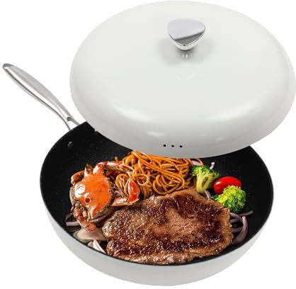 Poêle wok anti-adhésive pour 2 à 8 personnes avec couvercle et revêtement en pierre Maifan, pour rôtir, braiser, cuire à la vapeur, cuisiner et remuer, blanc, 32 x 12 cm