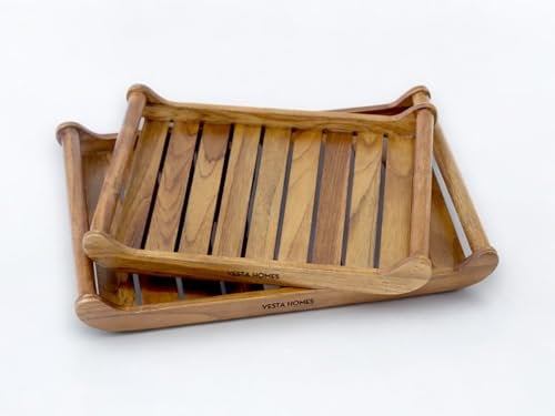 Vesta Homes Set of 2 Romper Teak Wood Rectangular Serving Tray For Home/Kitchen/Restaurant/Office Organizer/Dining TablePremium Wooden Trays 45.5 X 30.5 ; 38 x 25 cm Handcrafted In India
