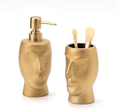 GIRLUFO Goldfarbenes Badezimmer-Zubehör-Set, Keramik-Seifenspender, Badezimmer-Set und Zahnbürstenhalter, Flüssigseifenspender mit Make-up-Pinselhalter, luxuriöses Badezimmer-Seifenspender-Set
