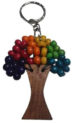 BLUSUPERSHOP pch9 multi albero della vita portachiavi in legno 7 cm, perle legno, h totale 11 cm portafortuna amuleto contro jella multicolor