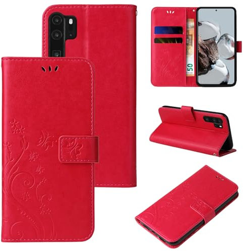 LBH Étui de protection pour téléphone portable Huawei P30 Pro, motif papillon, fleurs et fleurs, fonction support magnétique, protection complète à 360 °, rouge