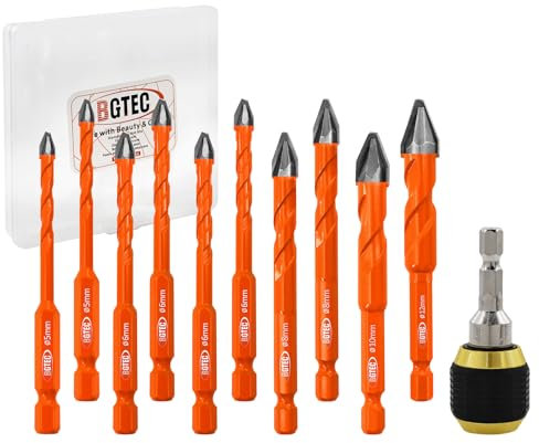 BGTEC Juego de brocas excéntricas de cabeza sesgada de alta dureza - 10 piezas 5MM*2+6MM*4+8MM*2+10MM+12MM Broca de metal duro con adaptador de portabrocas para madera plástico albañilería azulejo