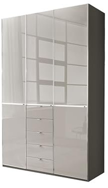 WIEMANN Drehtürenschrank mit 5 Schubkästen hochwertiger Kleiderschrank Schlafzimmerschrank 150cm breit, mit Schubladen, Glas Kieselgrau, Korpus Havanna, Höhe 236cm, Shanghai