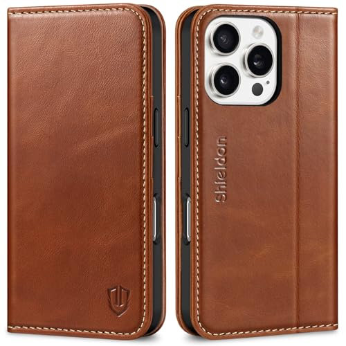 SHIELDON Case for iPhone 16 Pro 5G 6.3, Genuine Leather Wallet Folio Case with [Card Slots][Kickstand][RFID Blocking] Magnetic Protection Flip Case Compatible with iPhone 16 Pro - Retro Brown