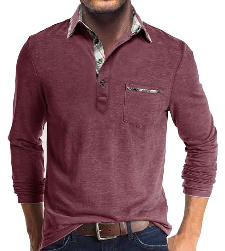 Comilaka Poloshirt Herren Langarm Kontrastfarbe leichtes Langarmshirt mit Tasche Polo Klassisches Herbst Winter