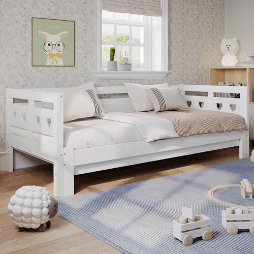 MSMOK Daybett - Cama plegable de día, de madera de pino maciza, con 2.ª opción de dormir y somier, forma de corazón, color blanco (90 x 190 cm)