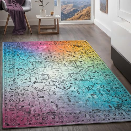 Taracarpet Teppich Kurzflorteppich, Wohnzimmerteppich, Orientteppich aus Polyester n Regenbogenfarben absolut Modern fürs Wohnzimmer Schlafzimmer Kinderzimmer Heriz Multi 200x290 cm
