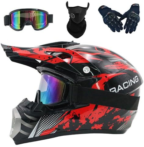 Motocross Helmets, Adult Youth Offroad Street Dirt Bike Helmet, with Goggles Mask Gloves, ATV Downhill Quad Bike Offroad Full Face Motorcycle Crash Helmet(Red,M(54-55cm))