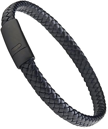 Forge & Foundry Men's Genuine Interwoven Leather Braided Bracelet with Matte Black Stainless Steel Clasp | “Hanover” (XL)