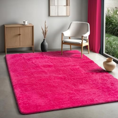 the carpet Soft Shaggy Flauschiger Hochflor Teppich, Wohnzimmer, Kinderzimmer, Anti-Rutsch Unterseite, kuschelig weich und super Soft, Pink, 120 cm Rund