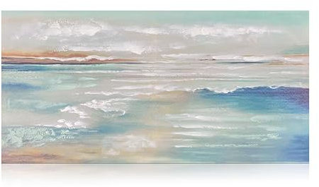 Home Selections 3D Canvas Wall Art, Abstract Sea Scape (50x100 cm) Large Hand Painted Teal Blue Picture on Printed Canvas.