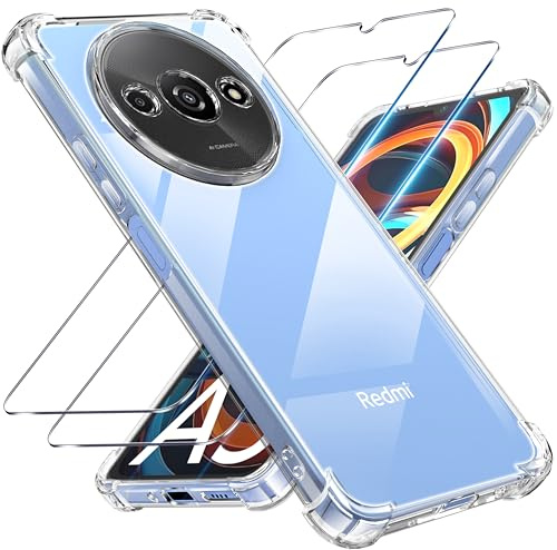 Tentoki 3 en 1 Coque et Verre Trempé pour Xiaomi Redmi A3, [Coussin d'air Intégré] Anti-Jaunissement Souple TPU Bumper Coque Protection pour redmi a3, Transparente