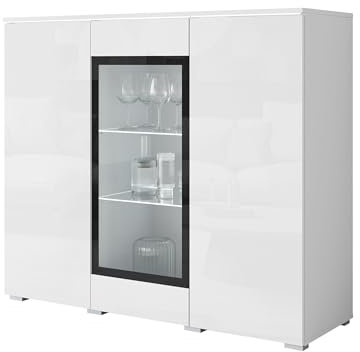 Mirjan24 Kommode Doppo 120 mit 3 Türen, Sideboard, Anrichte, 120x104x40 cm, Highboard, Mehrzweckschrank, Wohnzimmer (Weiß/Weiß Hochglanz, mit LED Beleuchtung)
